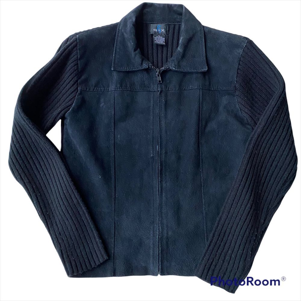 Six Black Full Zip Leather & Sweater Jacket Size Large